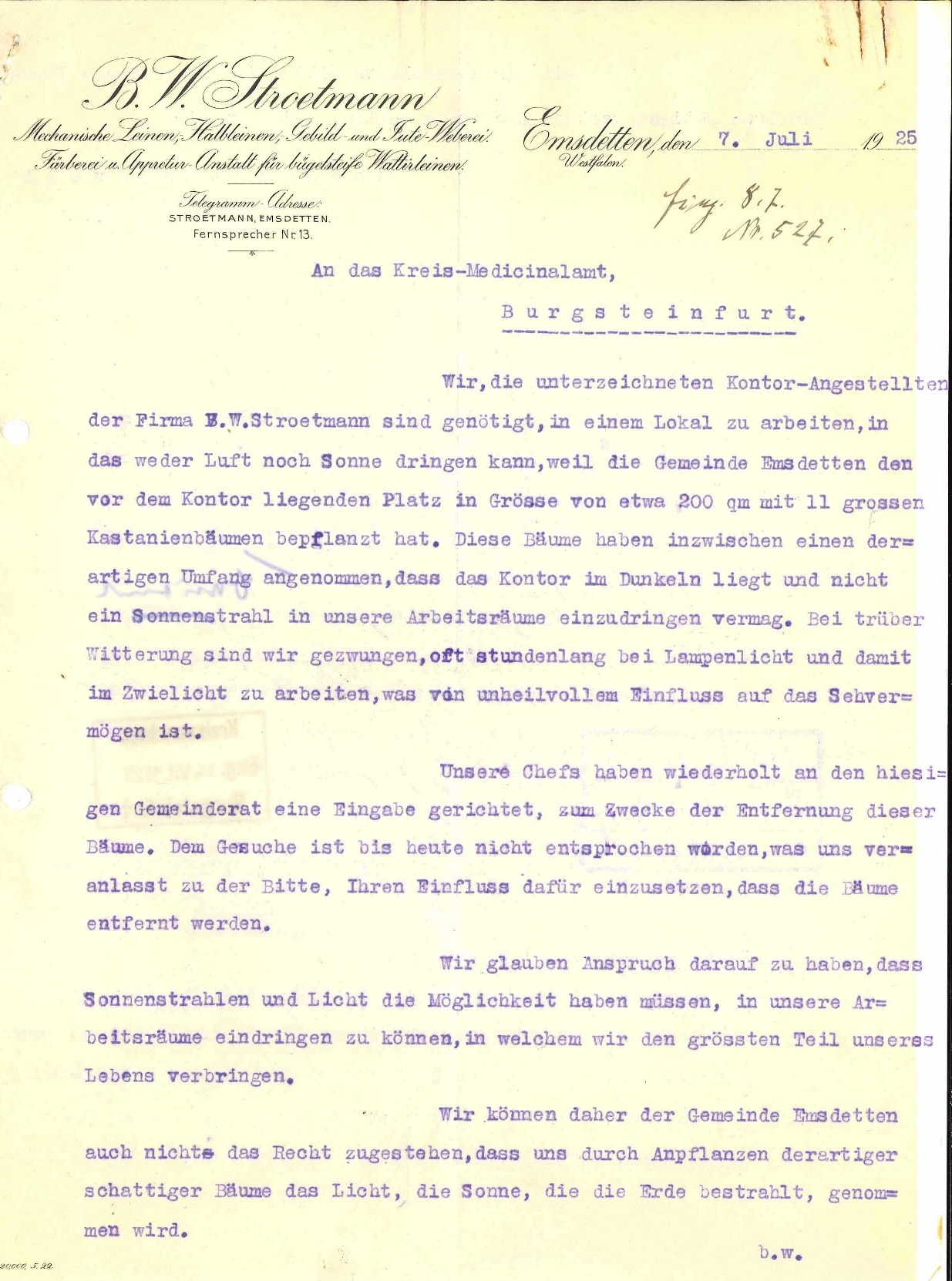 Antrag der Arbeiter Weberei B.W. Stroetmann aus Emsdetten 1925 Antrag der Arbeiter Weberei B.W. Stroetmann aus Emsdetten 1925